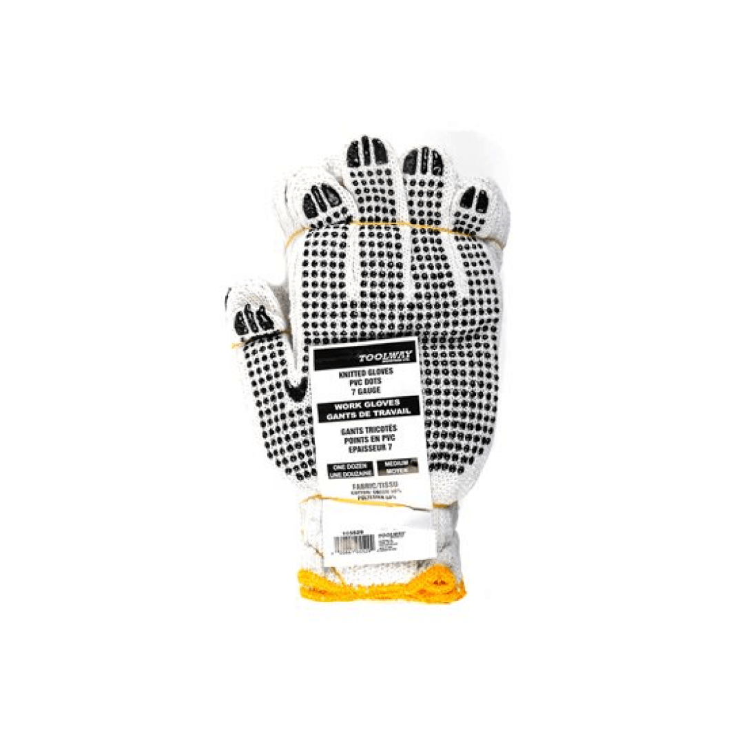 1dz. Knitted Poly/Cotton Gloves White With Black PVC Dots (M) - TESCO Building Supplies
